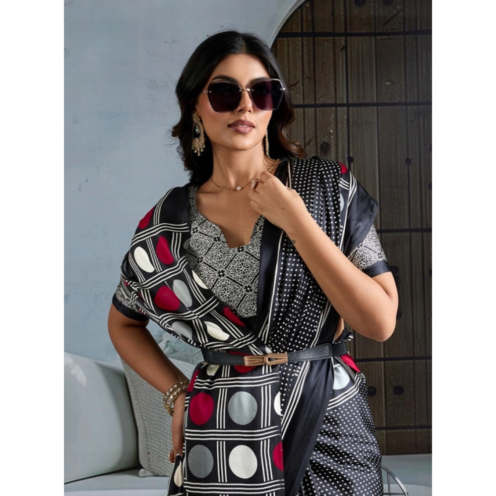 Generic Women's Satin Crepe Printed Saree With Unstitched Blouse 5.5Mtr (Black) - Image 3
