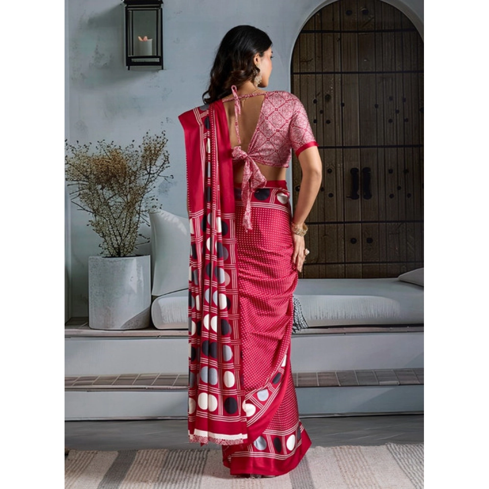 Generic Women's Satin Crepe Printed Saree With Unstitched Blouse 5.5Mtr (Red) - Image 4