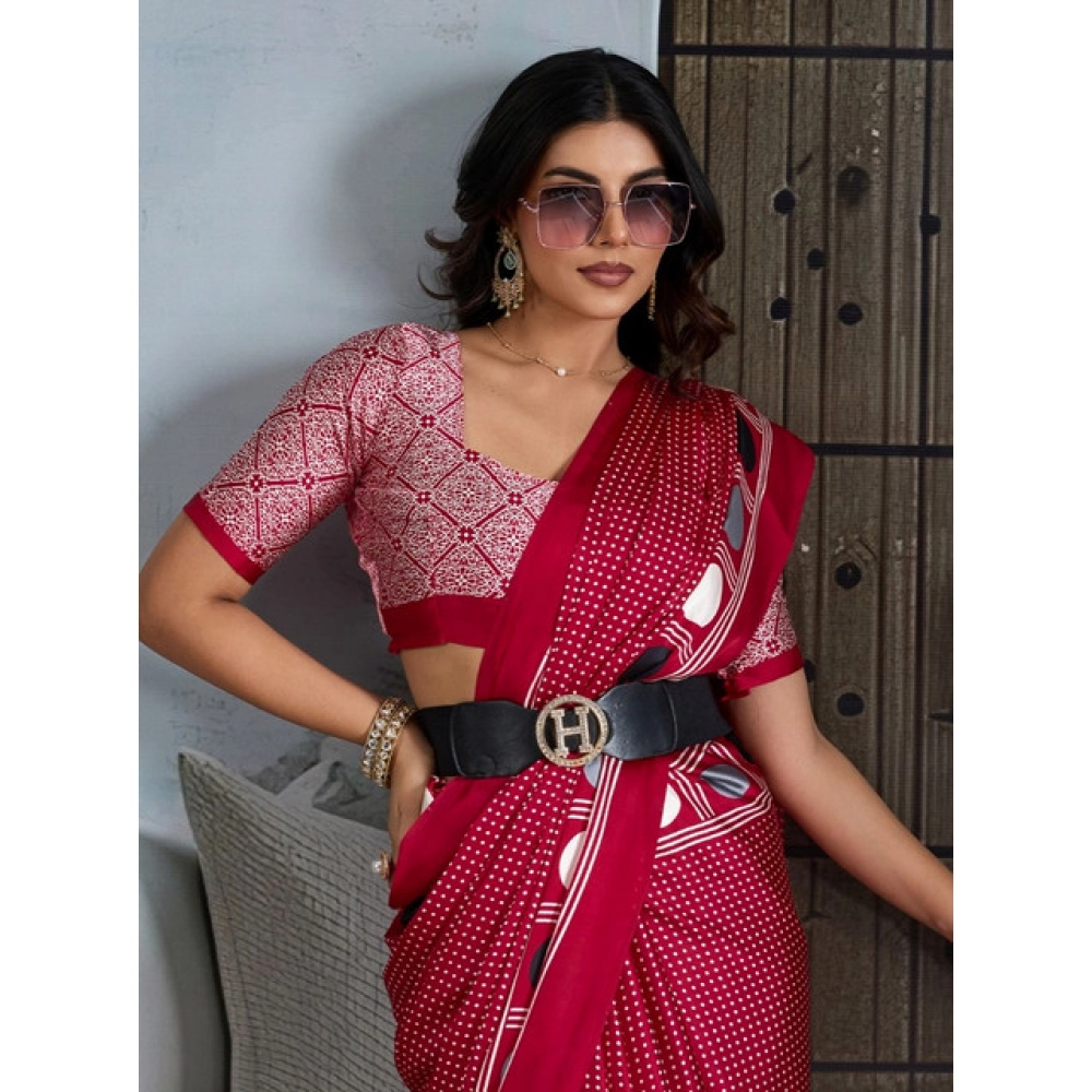 Generic Women's Satin Crepe Printed Saree With Unstitched Blouse 5.5Mtr (Red) - Image 3