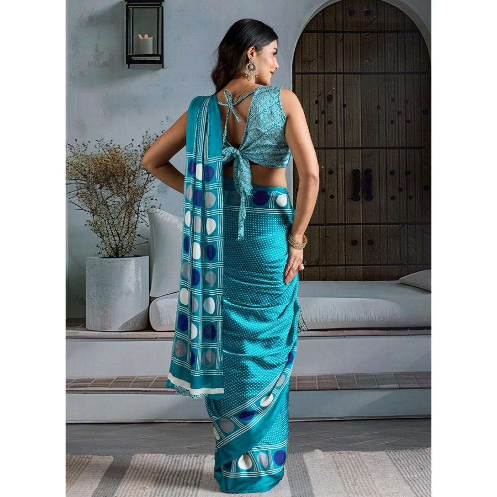 Generic Women's Satin Crepe Printed Saree With Unstitched Blouse 5.5Mtr (Sky Blue) - Image 4