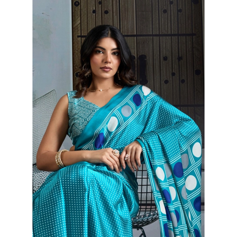Generic Women's Satin Crepe Printed Saree With Unstitched Blouse 5.5Mtr (Sky Blue) - Image 3