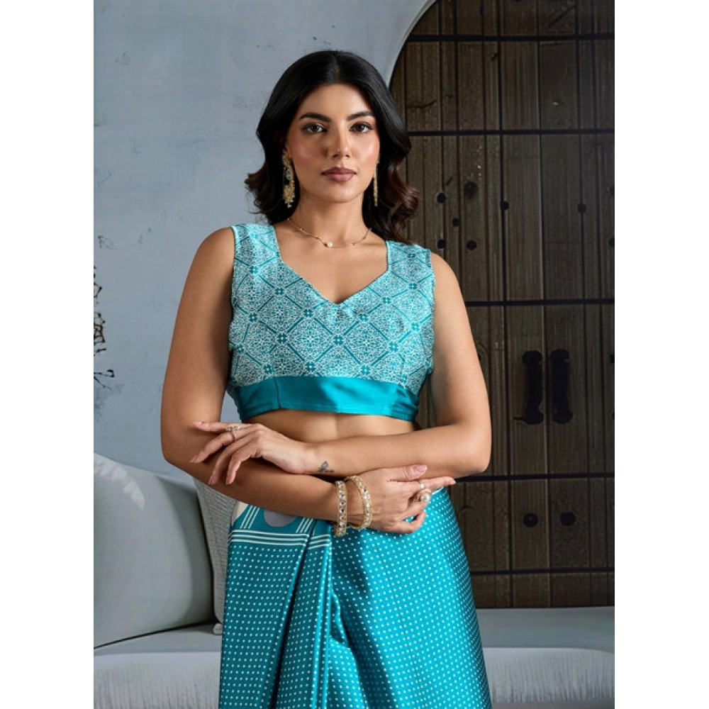 Generic Women's Satin Crepe Printed Saree With Unstitched Blouse 5.5Mtr (Sky Blue) - Image 2