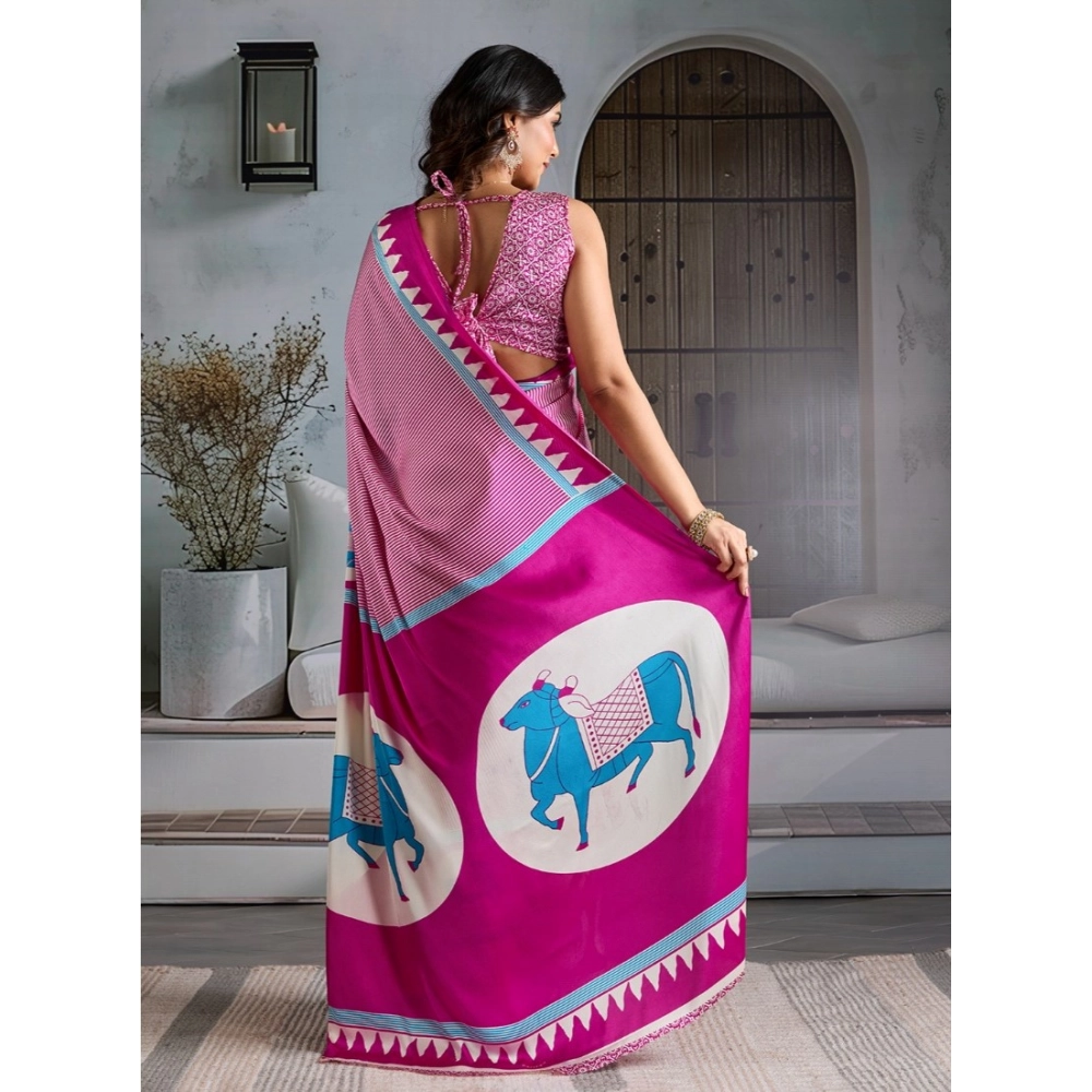 Generic Women's Satin Crepe Printed Saree With Unstitched Blouse 5.5Mtr (Pink) - Image 4