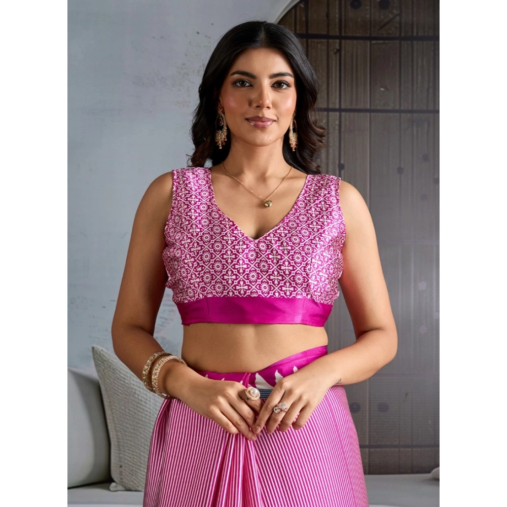 Generic Women's Satin Crepe Printed Saree With Unstitched Blouse 5.5Mtr (Pink) - Image 2