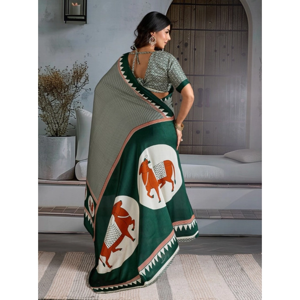 Generic Women's Satin Crepe Printed Saree With Unstitched Blouse 5.5Mtr (Green) - Image 4