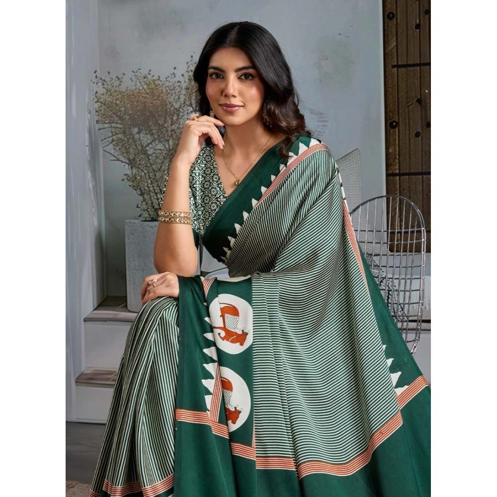 Generic Women's Satin Crepe Printed Saree With Unstitched Blouse 5.5Mtr (Green) - Image 3