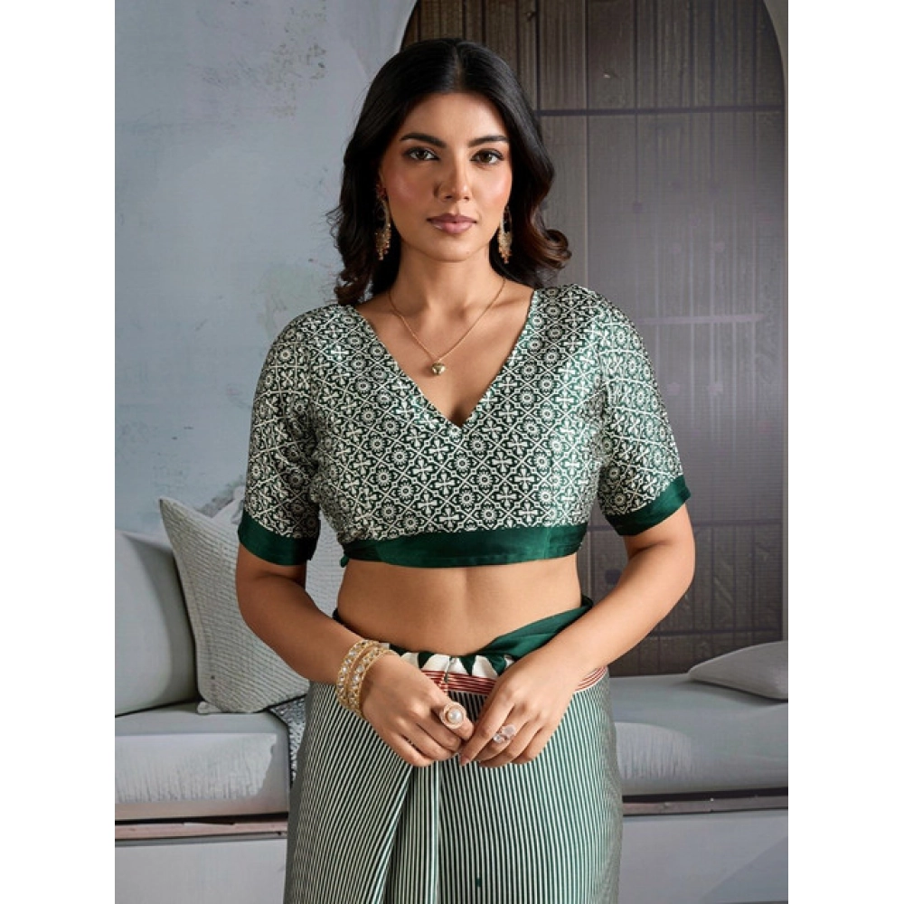 Generic Women's Satin Crepe Printed Saree With Unstitched Blouse 5.5Mtr (Green) - Image 2