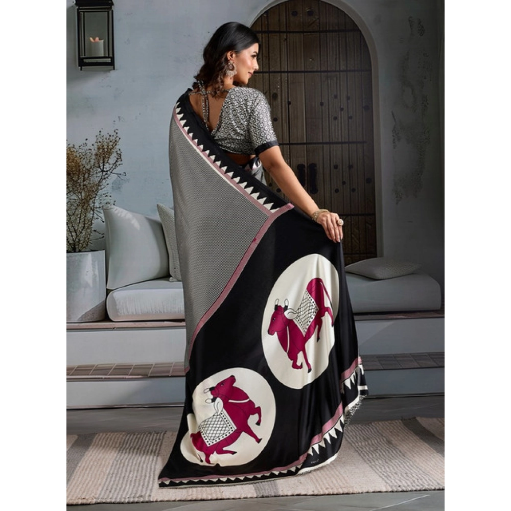 Generic Women's Satin Crepe Printed Saree With Unstitched Blouse 5.5Mtr (Black) - Image 4