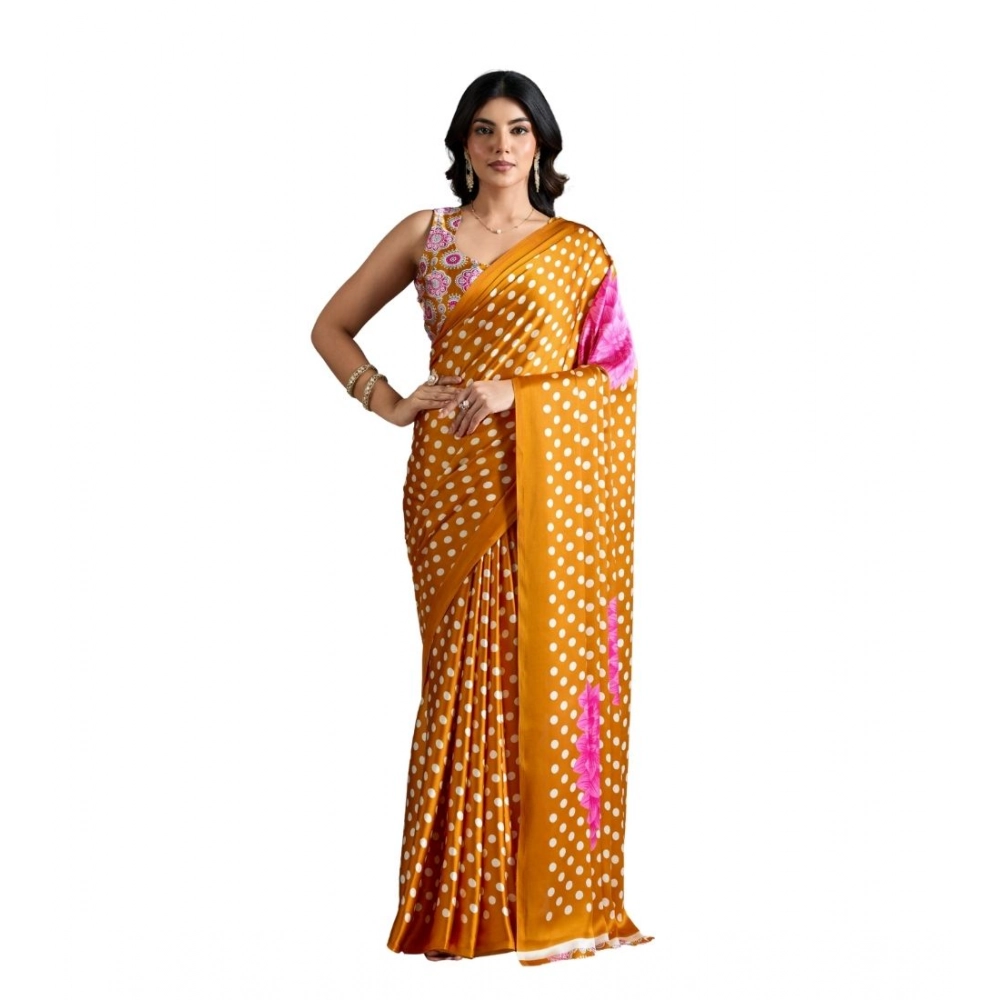 Generic Women's Satin Crepe Printed Saree With Unstitched Blouse 5.5Mtr (Mustard)