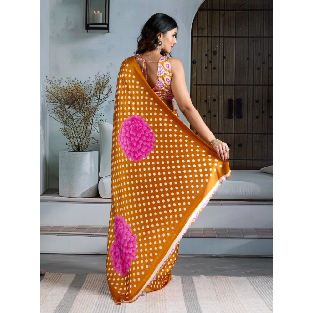 Generic Women's Satin Crepe Printed Saree With Unstitched Blouse 5.5Mtr (Mustard) - Image 4