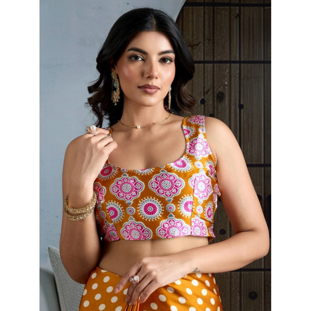 Generic Women's Satin Crepe Printed Saree With Unstitched Blouse 5.5Mtr (Mustard) - Image 2