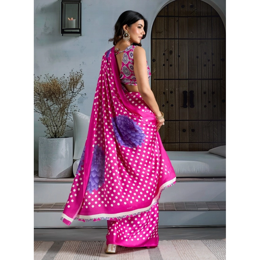 Generic Women's Satin Crepe Printed Saree With Unstitched Blouse 5.5Mtr (Pink) - Image 4