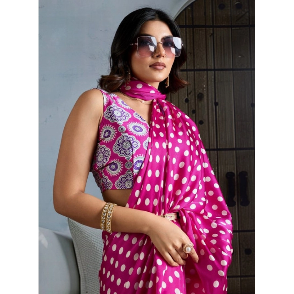 Generic Women's Satin Crepe Printed Saree With Unstitched Blouse 5.5Mtr (Pink) - Image 3