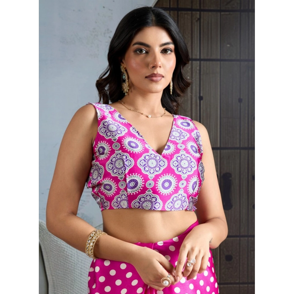 Generic Women's Satin Crepe Printed Saree With Unstitched Blouse 5.5Mtr (Pink) - Image 2
