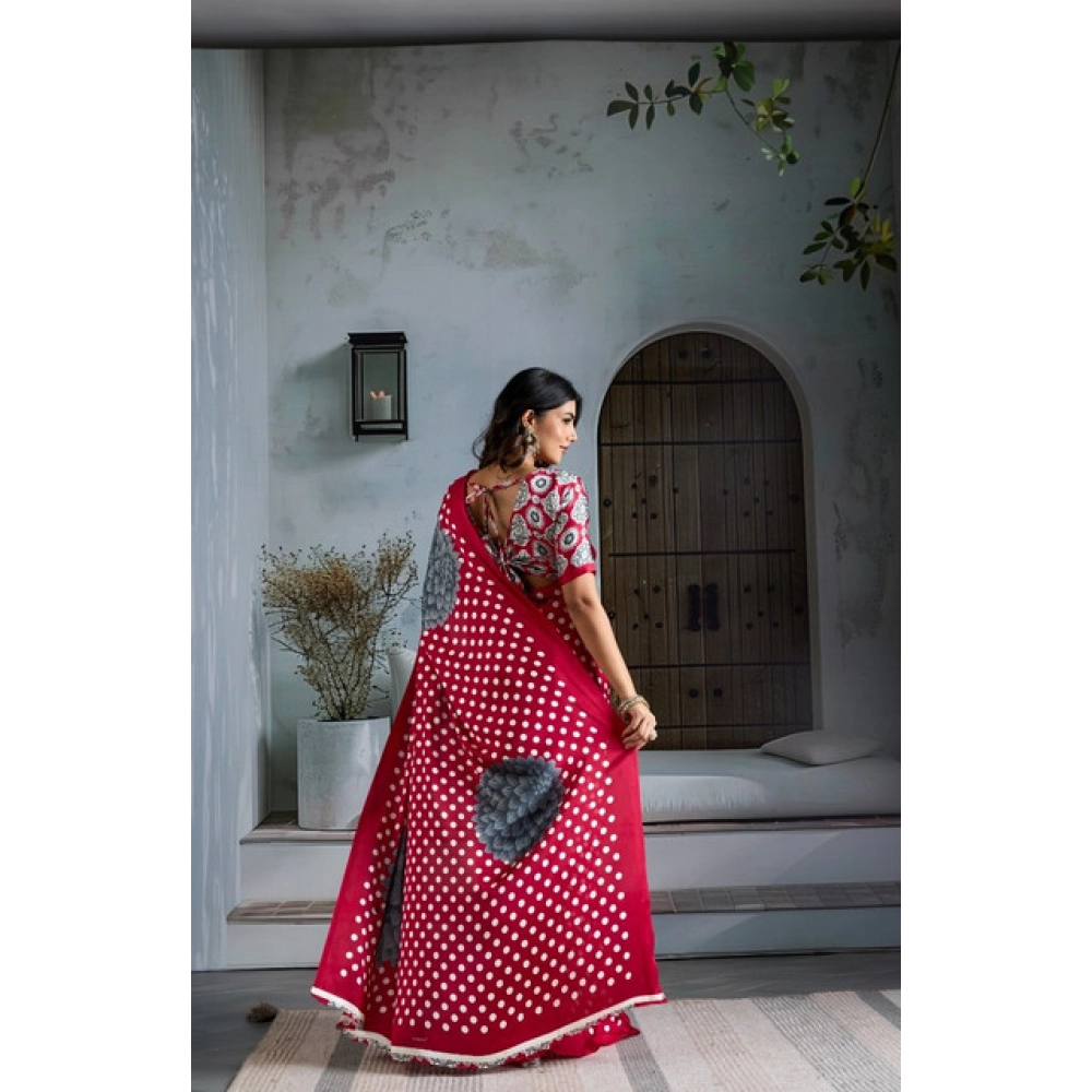 Generic Women's Satin Crepe Printed Saree With Unstitched Blouse 5.5Mtr (Red) - Image 4