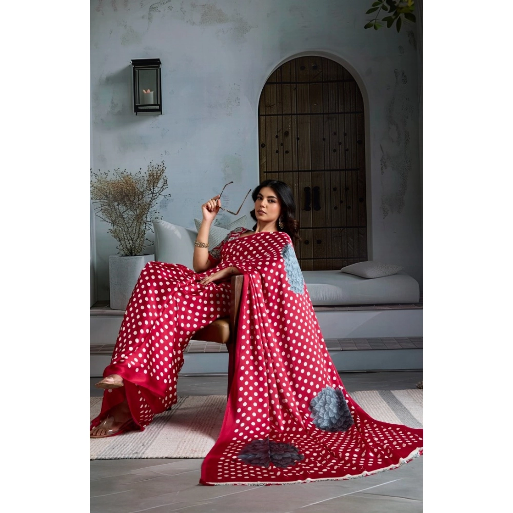 Generic Women's Satin Crepe Printed Saree With Unstitched Blouse 5.5Mtr (Red) - Image 3