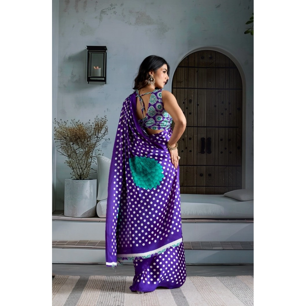 Generic Women's Satin Crepe Printed Saree With Unstitched Blouse 5.5Mtr (Purple) - Image 4