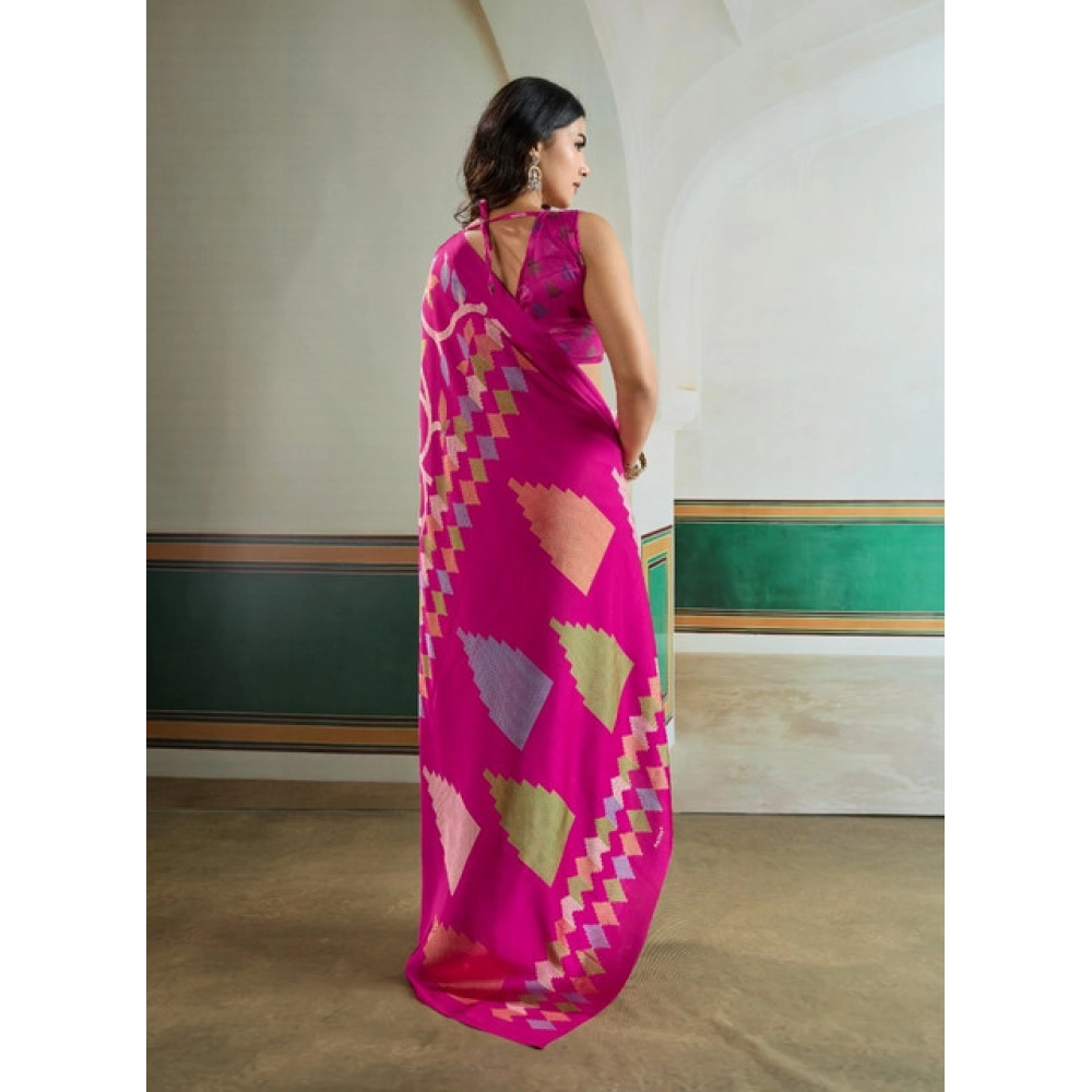 Generic Women's Satin Crepe Printed Saree With Unstitched Blouse 5.5Mtr (Pink) - Image 4
