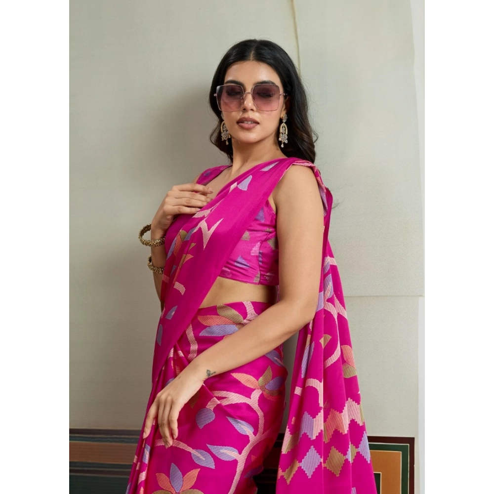 Generic Women's Satin Crepe Printed Saree With Unstitched Blouse 5.5Mtr (Pink) - Image 3