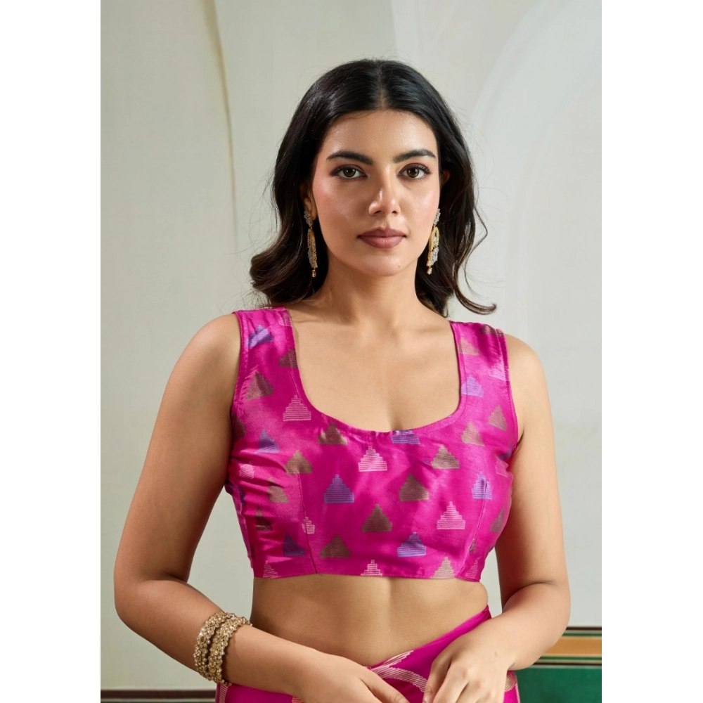 Generic Women's Satin Crepe Printed Saree With Unstitched Blouse 5.5Mtr (Pink) - Image 2