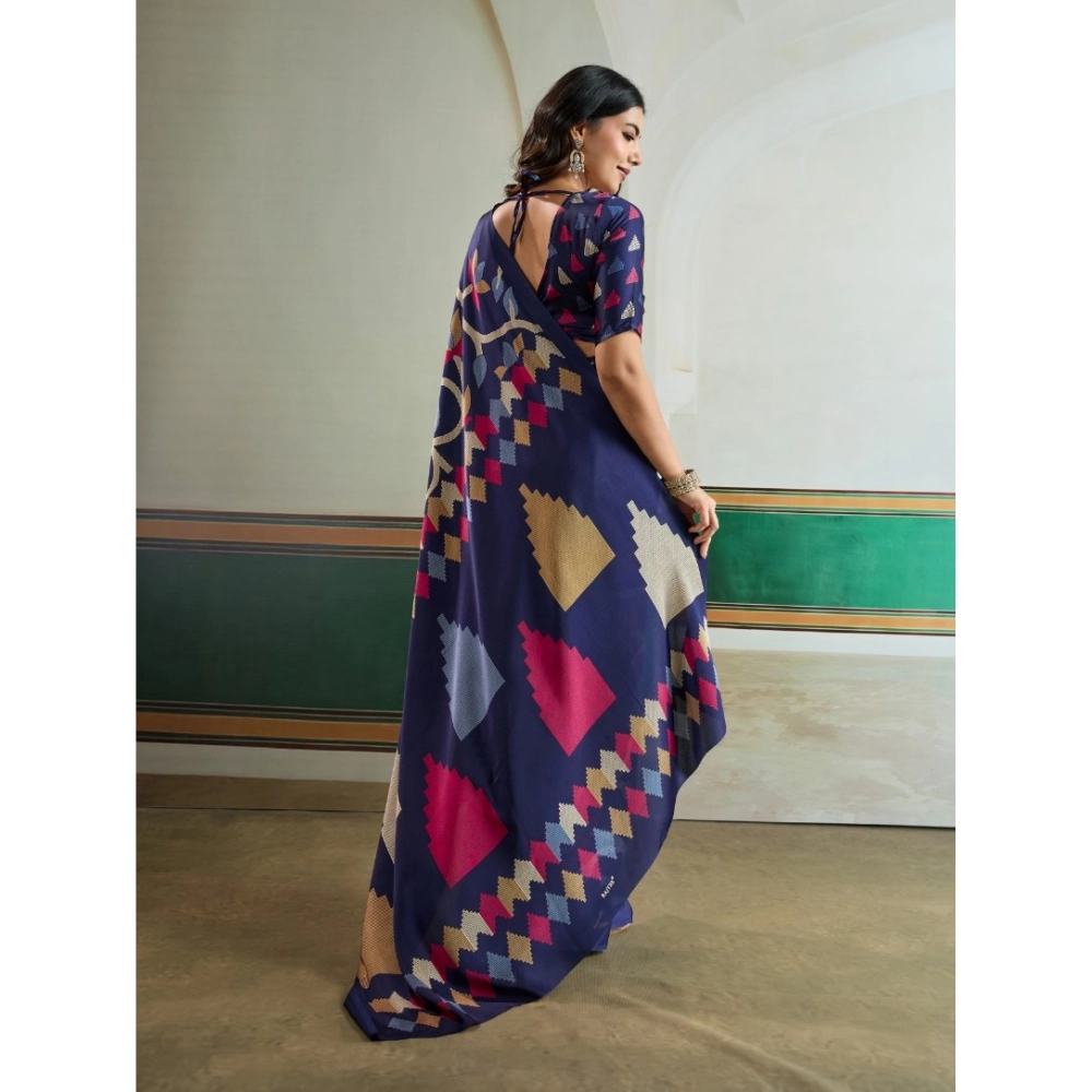 Generic Women's Satin Crepe Printed Saree With Unstitched Blouse 5.5Mtr (Navy Blue) - Image 4
