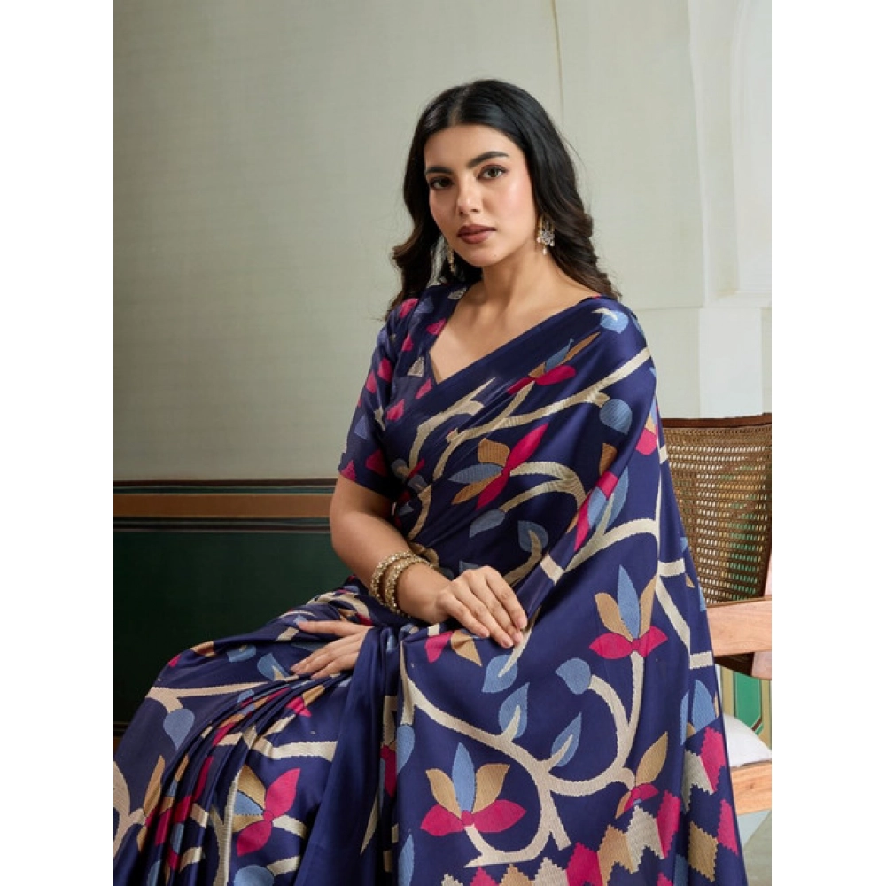 Generic Women's Satin Crepe Printed Saree With Unstitched Blouse 5.5Mtr (Navy Blue) - Image 3