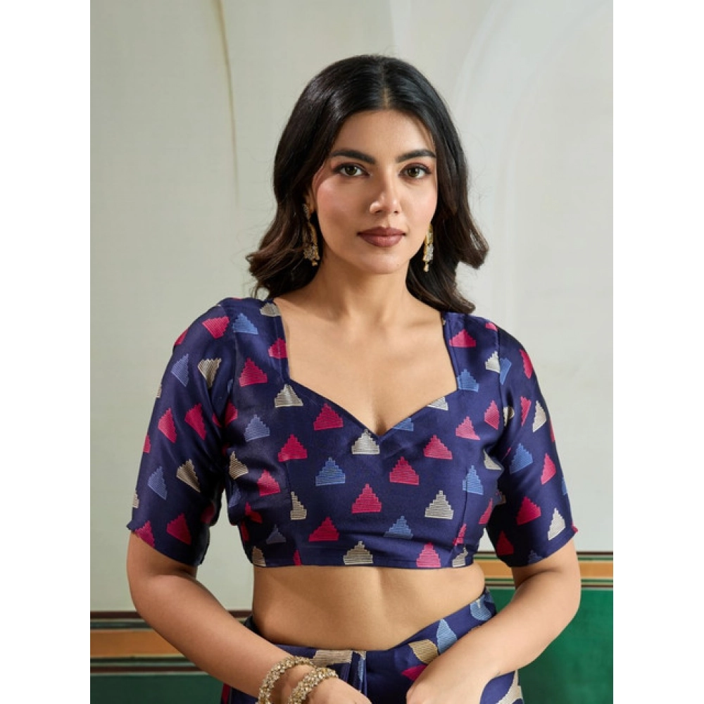 Generic Women's Satin Crepe Printed Saree With Unstitched Blouse 5.5Mtr (Navy Blue) - Image 2