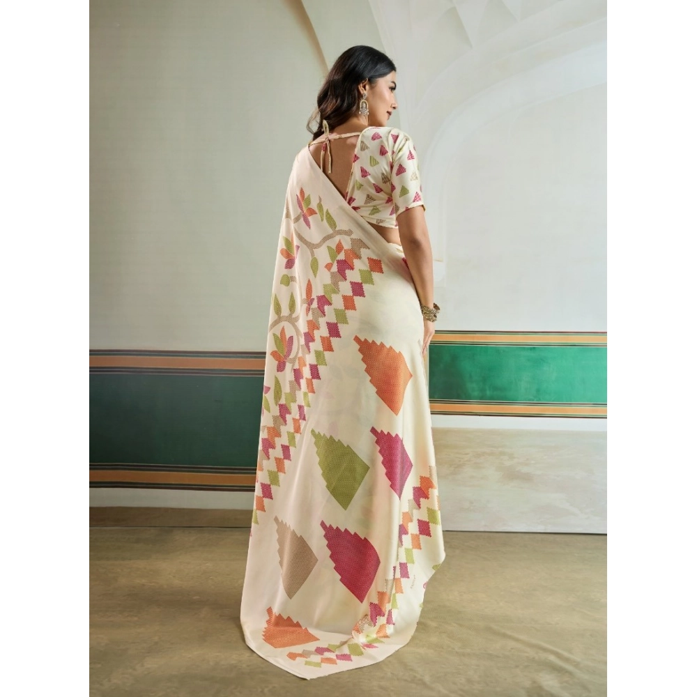 Generic Women's Satin Crepe Printed Saree With Unstitched Blouse 5.5Mtr (Off White) - Image 4