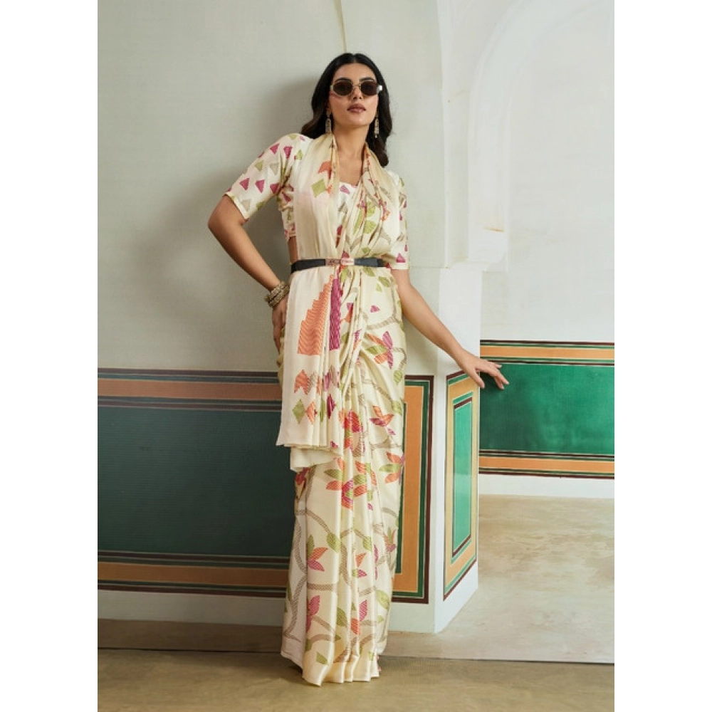 Generic Women's Satin Crepe Printed Saree With Unstitched Blouse 5.5Mtr (Off White) - Image 3