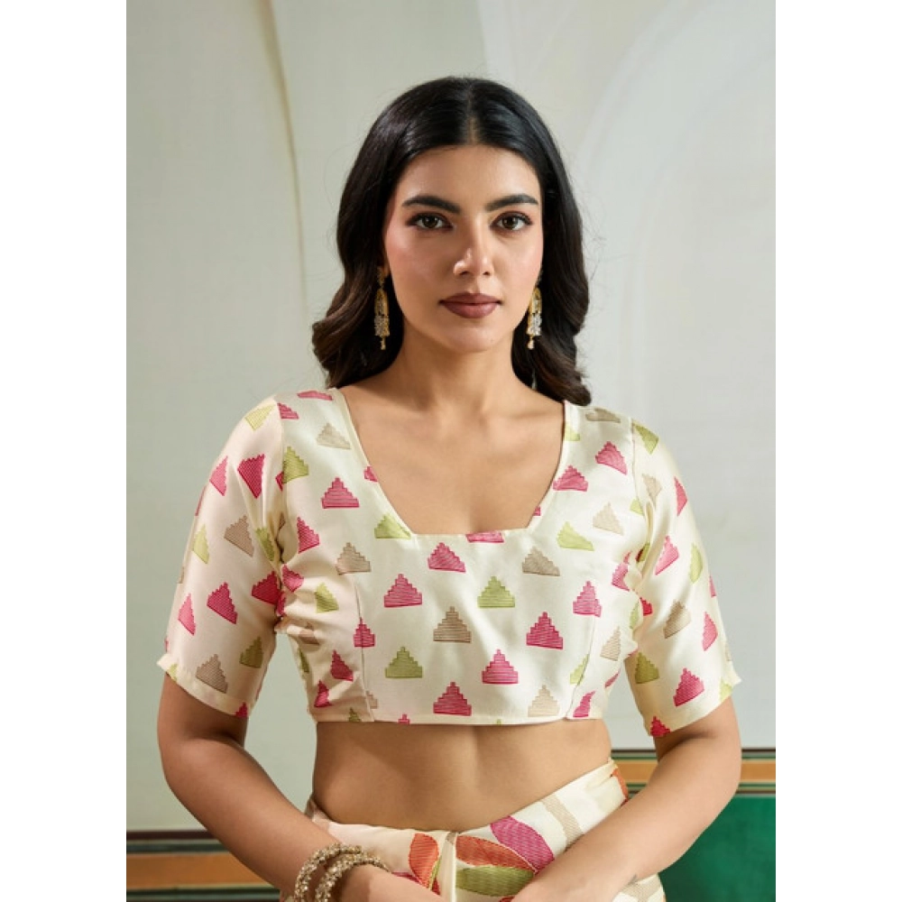 Generic Women's Satin Crepe Printed Saree With Unstitched Blouse 5.5Mtr (Off White) - Image 2