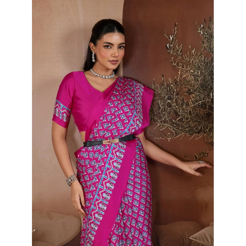 Generic Women's Satin Crepe Printed Saree With Unstitched Blouse 5.5Mtr (Pink) - Image 3
