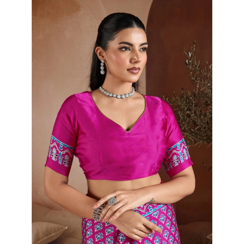 Generic Women's Satin Crepe Printed Saree With Unstitched Blouse 5.5Mtr (Pink) - Image 2