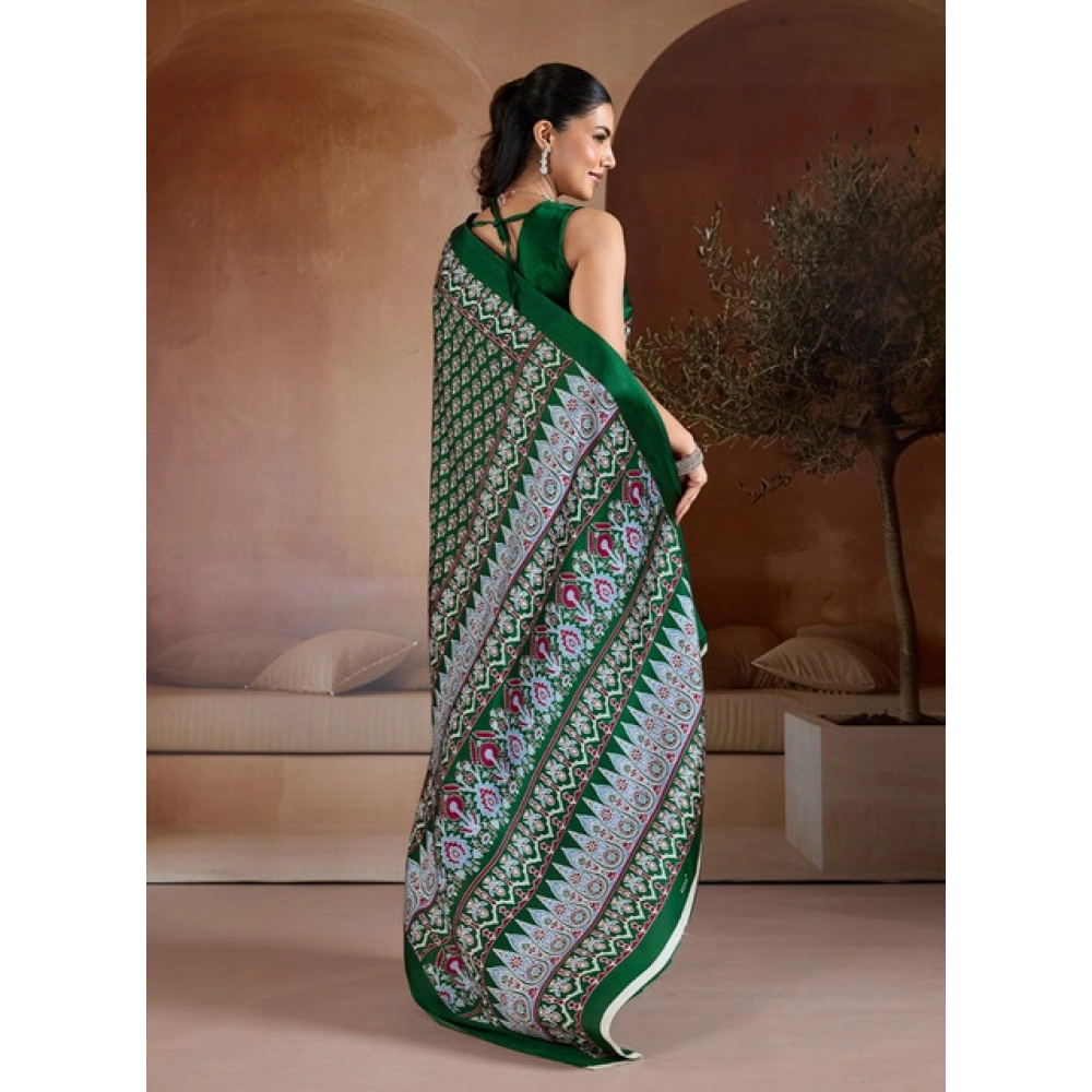 Generic Women's Satin Crepe Printed Saree With Unstitched Blouse 5.5Mtr (Green) - Image 4