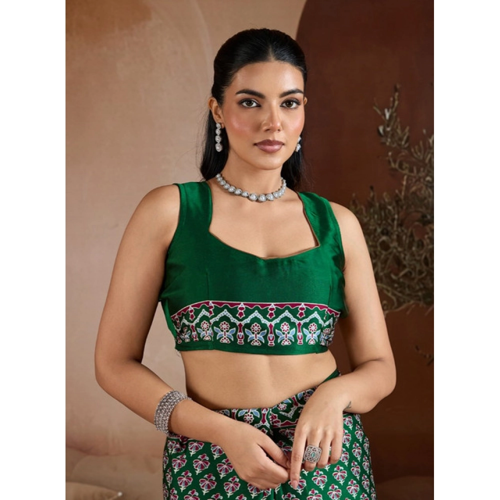 Generic Women's Satin Crepe Printed Saree With Unstitched Blouse 5.5Mtr (Green) - Image 2