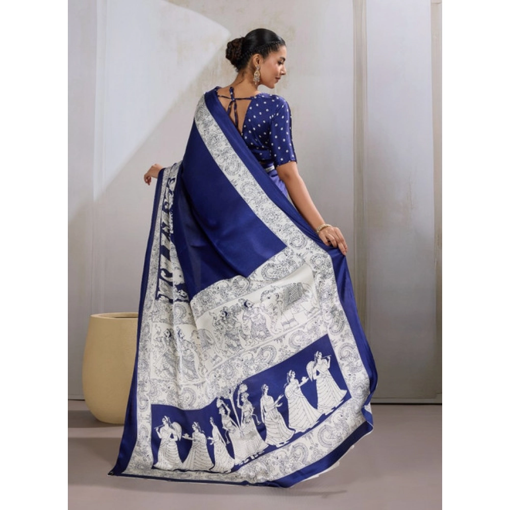 Generic Women's Satin Crepe Printed Saree With Unstitched Blouse 5.5Mtr (Blue) - Image 4
