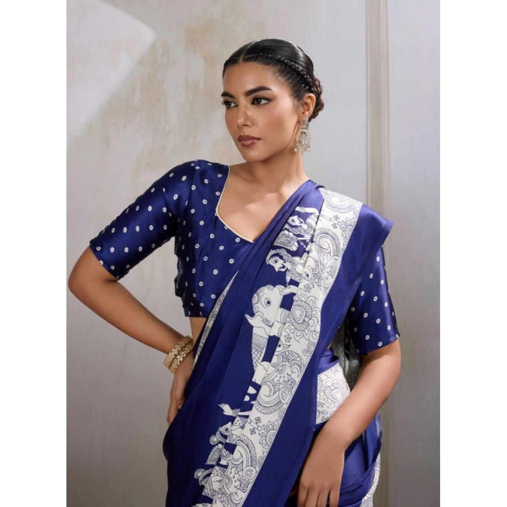 Generic Women's Satin Crepe Printed Saree With Unstitched Blouse 5.5Mtr (Blue) - Image 3