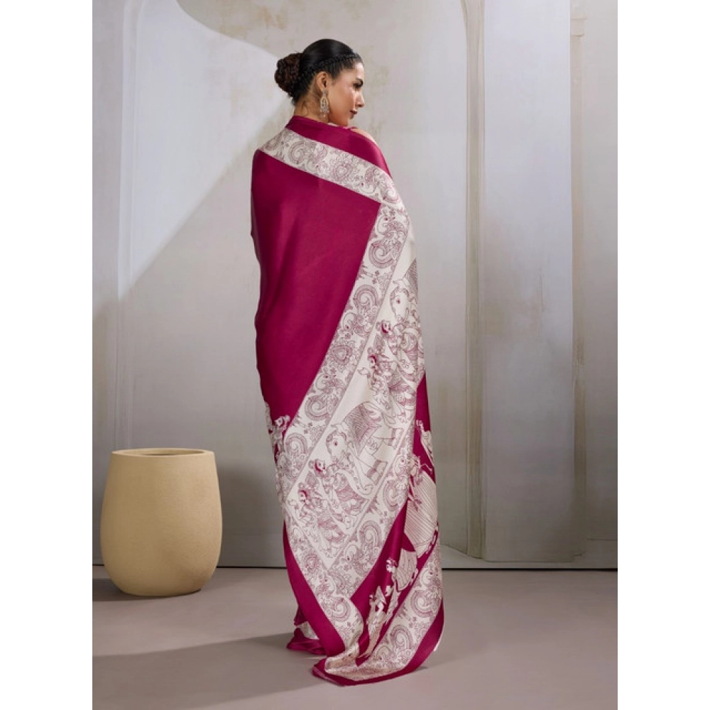 Generic Women's Satin Crepe Printed Saree With Unstitched Blouse 5.5Mtr (Maroon) - Image 4
