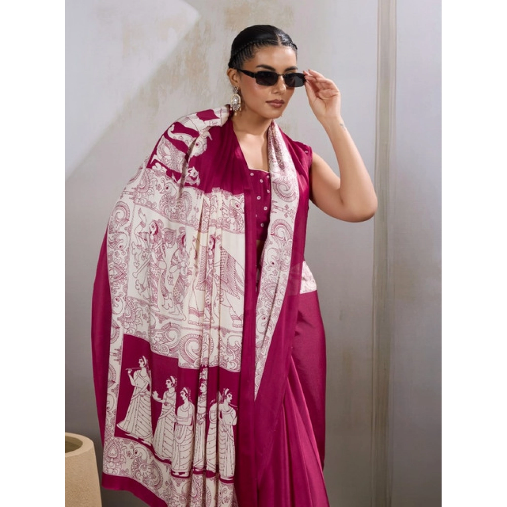 Generic Women's Satin Crepe Printed Saree With Unstitched Blouse 5.5Mtr (Maroon) - Image 3