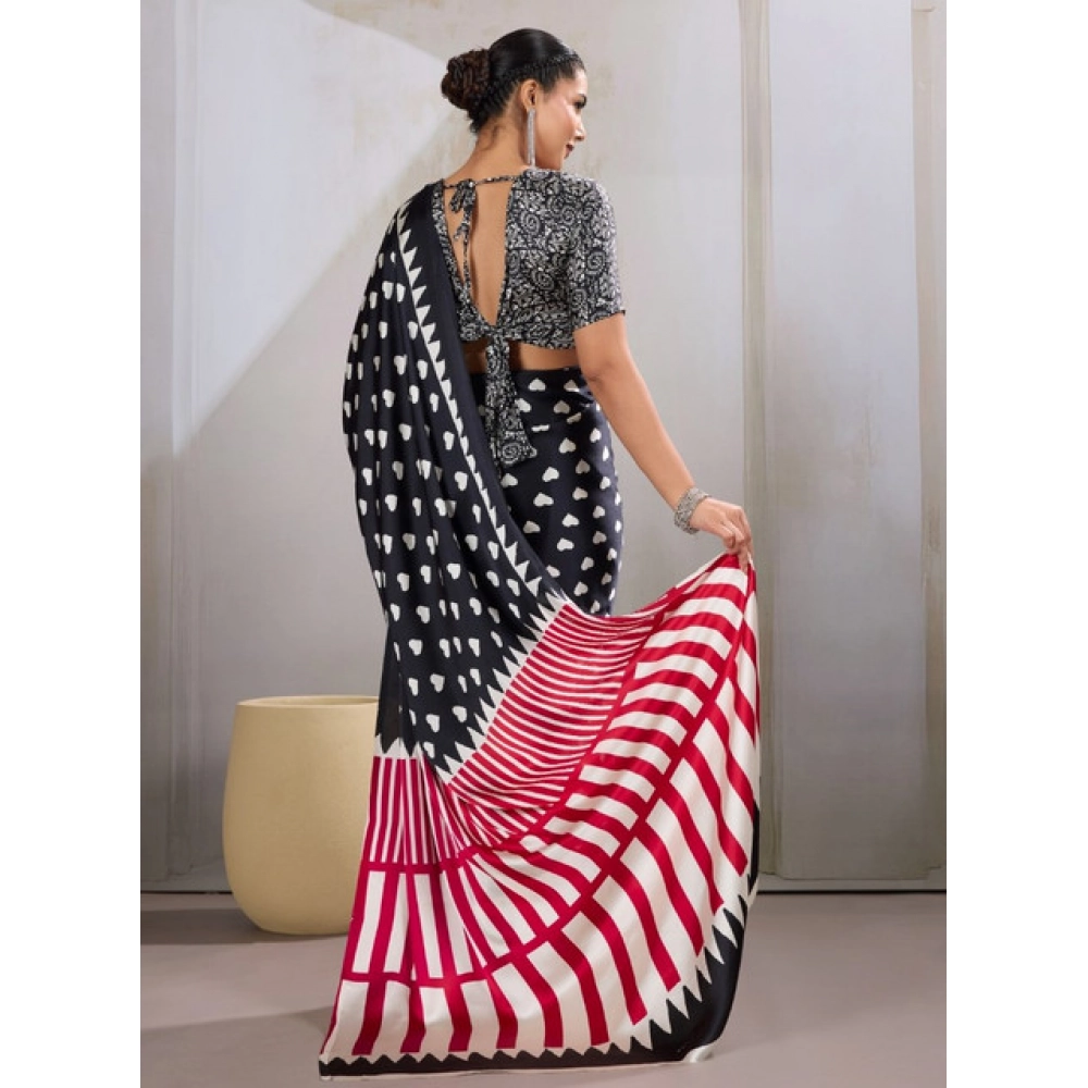Generic Women's Satin Crepe Printed Saree With Unstitched Blouse 5.5Mtr (Black) - Image 4