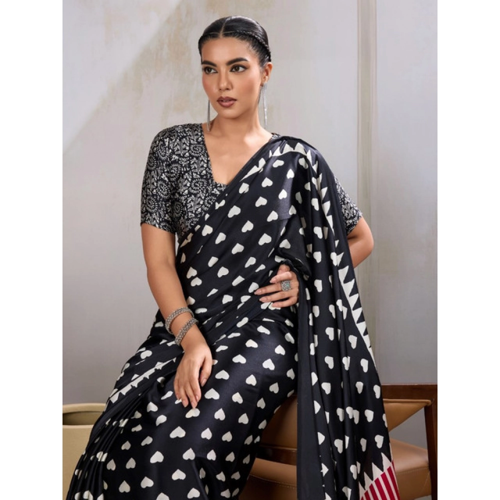 Generic Women's Satin Crepe Printed Saree With Unstitched Blouse 5.5Mtr (Black) - Image 3
