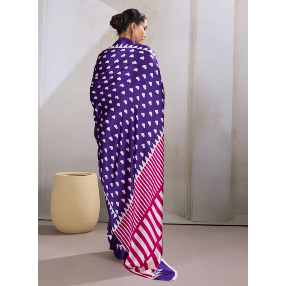Generic Women's Satin Crepe Printed Saree With Unstitched Blouse 5.5Mtr (Navy Blue) - Image 4