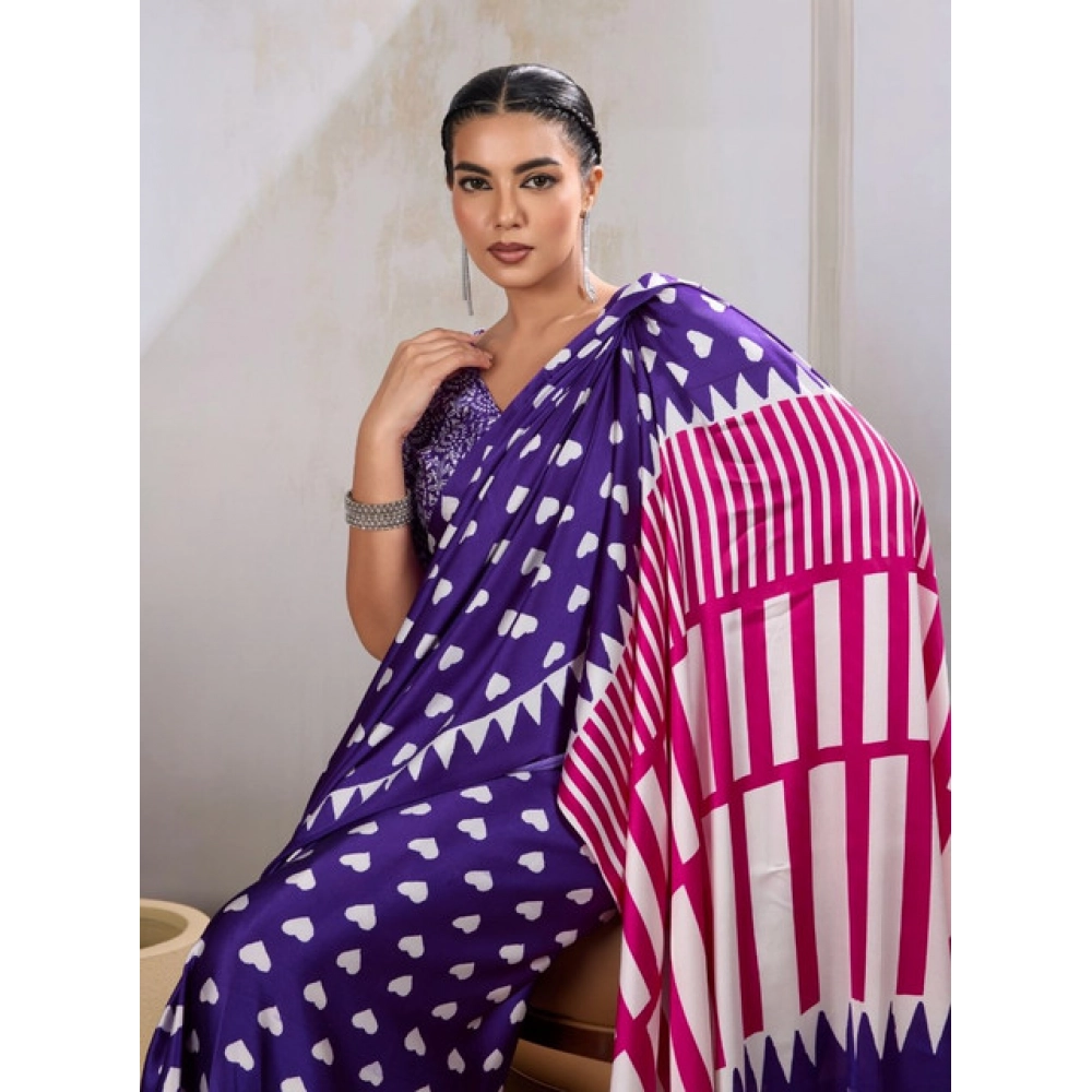 Generic Women's Satin Crepe Printed Saree With Unstitched Blouse 5.5Mtr (Navy Blue) - Image 3