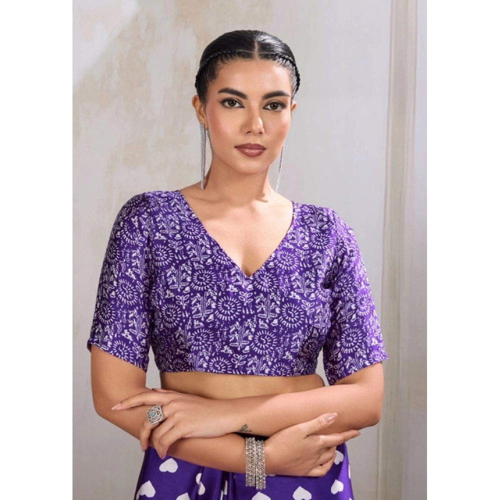 Generic Women's Satin Crepe Printed Saree With Unstitched Blouse 5.5Mtr (Navy Blue) - Image 2