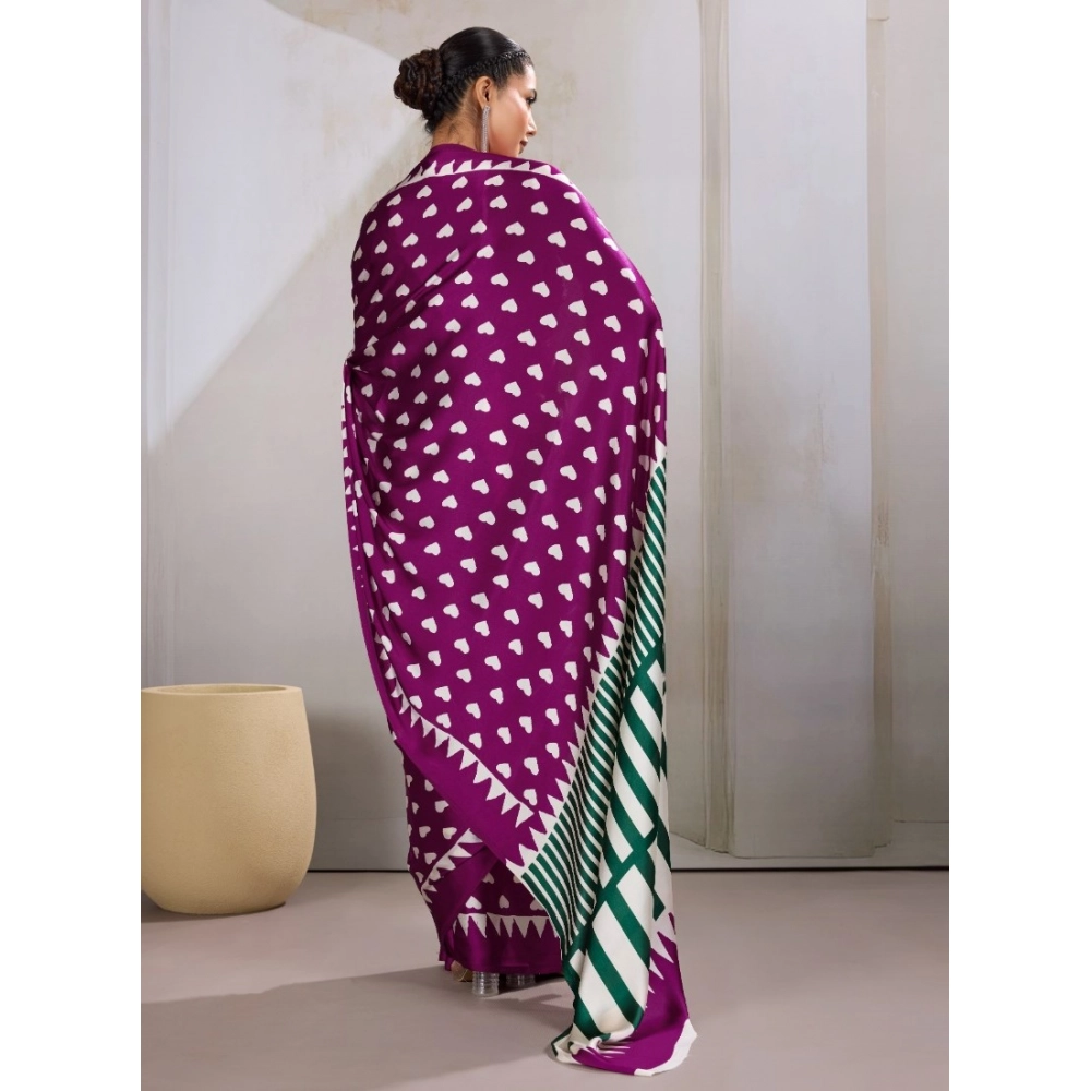 Generic Women's Satin Crepe Printed Saree With Unstitched Blouse 5.5Mtr (Purple) - Image 4