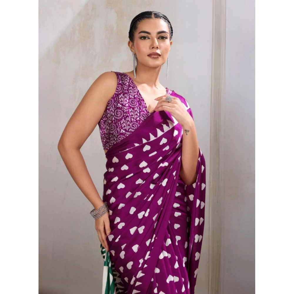 Generic Women's Satin Crepe Printed Saree With Unstitched Blouse 5.5Mtr (Purple) - Image 3