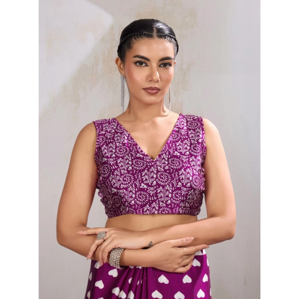 Generic Women's Satin Crepe Printed Saree With Unstitched Blouse 5.5Mtr (Purple) - Image 2