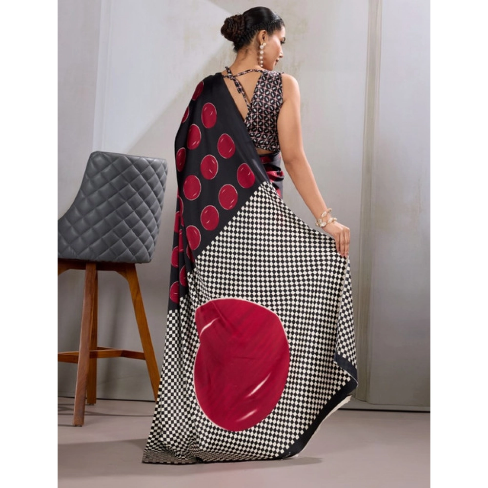 Generic Women's Satin Crepe Printed Saree With Unstitched Blouse 5.5Mtr (Maroon) - Image 4