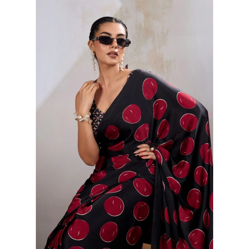 Generic Women's Satin Crepe Printed Saree With Unstitched Blouse 5.5Mtr (Maroon) - Image 3