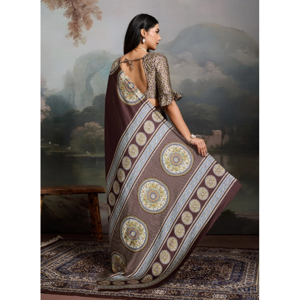 Generic Women's Satin Crepe Printed Saree With Unstitched Blouse 5.5Mtr (Brown) - Image 4