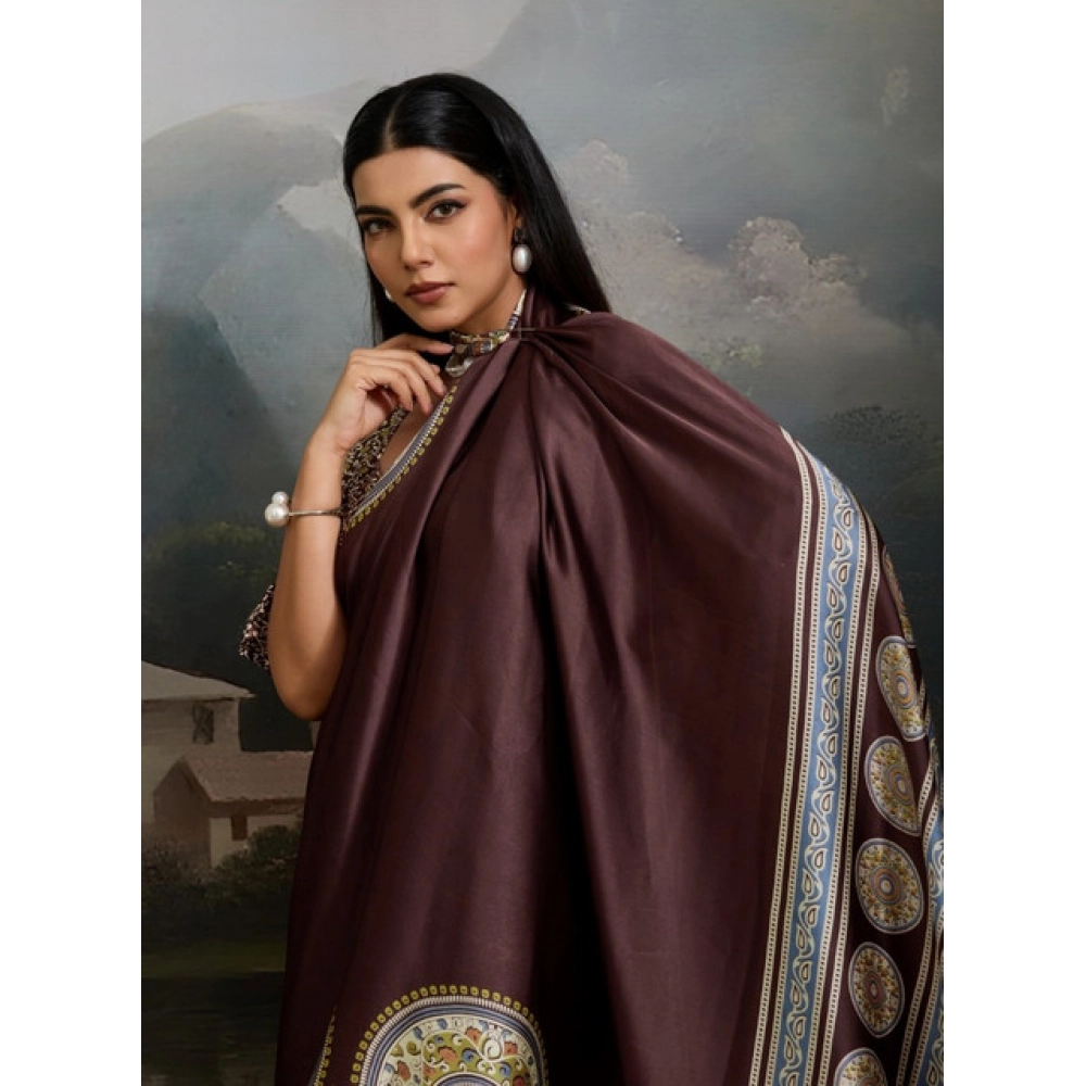 Generic Women's Satin Crepe Printed Saree With Unstitched Blouse 5.5Mtr (Brown) - Image 3